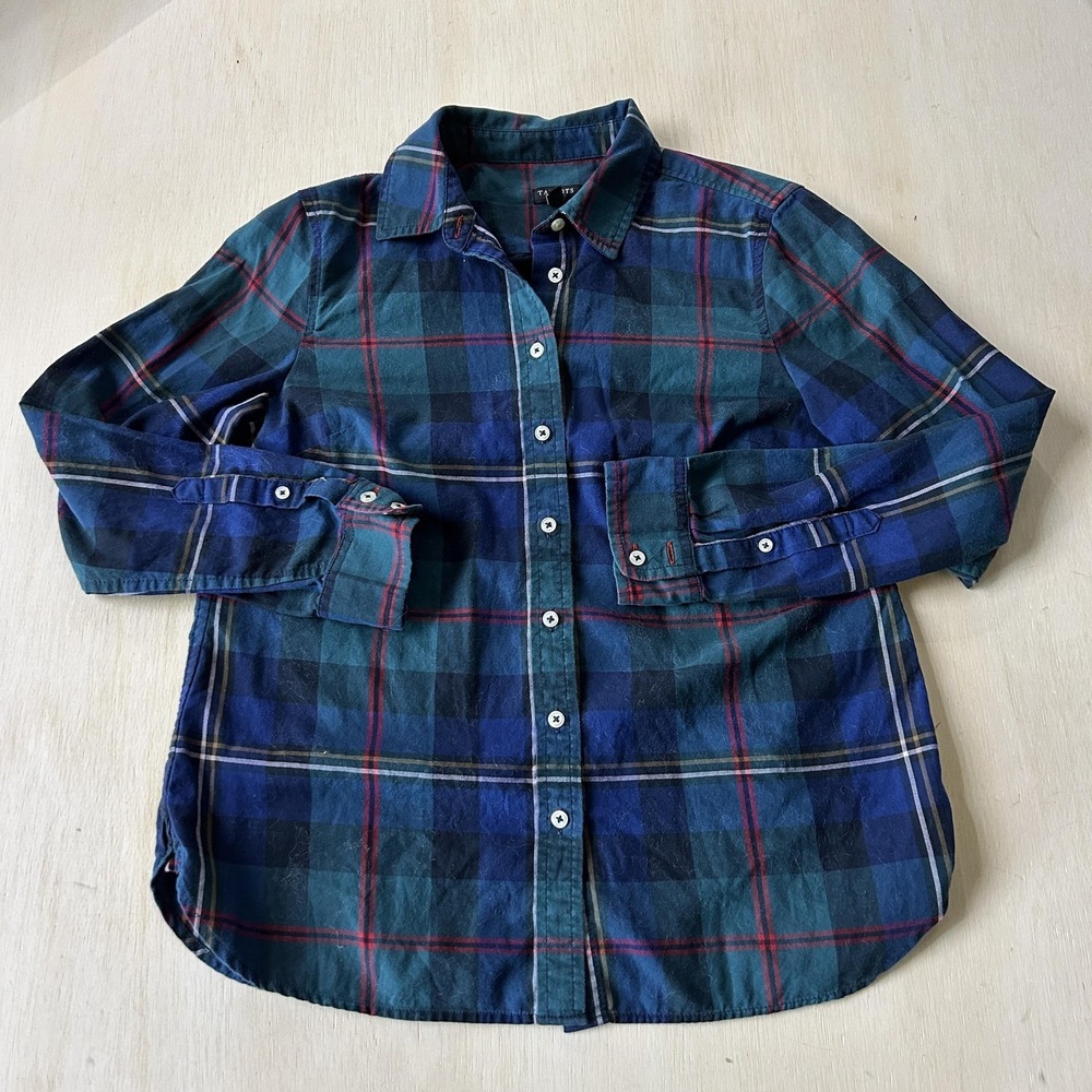 Talbots Shirt Womens Petite Small Blue Green Plaid Flannel Button Up Long Sleeve